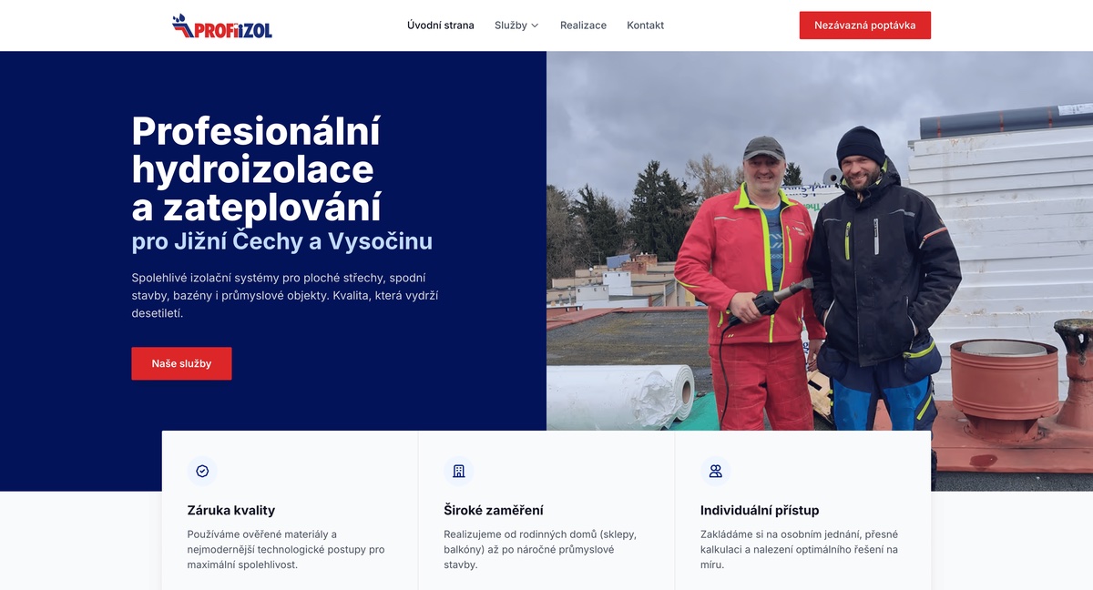 ProfiIzol – Firemní web na míru | Jonas Kopp, tvorba webů Jižní Čechy Ukázka webu ProfiIzol – firemní web pro hydroizolace a zateplování, Jižní Čechy a Vysočina